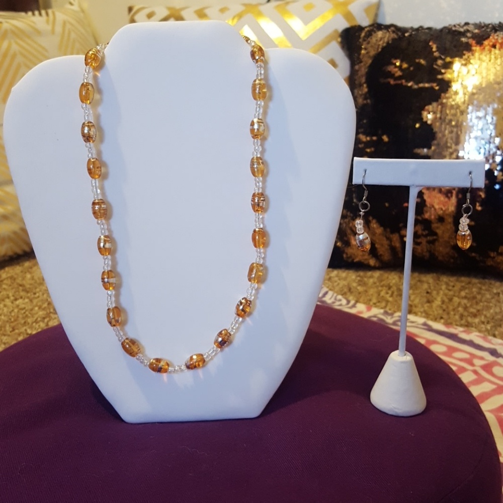 Orange/Clear Beaded Necklace w/Earrings